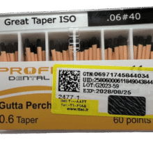 گوتا پرکا 6 درصد پروفا Profa رادیو اپک  جهت پر کردن کانال خالی شده ریشه دندان و عدم نفوذ باکتری ها  انعطاف پذیری عالی  تقارب : 6 درصد  هربسته حاوی 60 عدد گوتا 