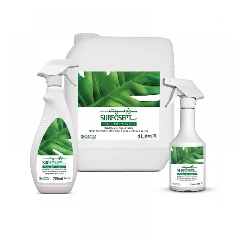محلول ضدعفونی کننده سطوح Surfosept Quick Plus چهار لیتری - رضا راد محلول ضدعفونی کننده سارفوسپت کوییک پلاس ۴ لیتری SURFOSEPT QUICK - خرید و قیمت سارفوسپت کوییک پلاس 4 لیتری - خرید محلول Surfosept Quick Plus