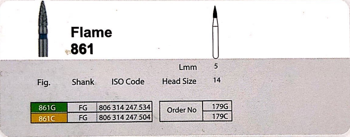 فرز الماسی مدل شعله شمعی بلند توربین 5 عددی Dental Diamond Burs Flame 861 برند Sani