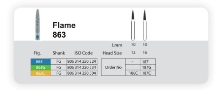 فرز الماسی مدل شعله شمعی بلند توربین 5 عددی Dental Diamond Burs Flame 863 برند Sani